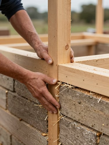 Close environmental shot from the left edge: a practitioner's hands pressing a timber joint into a cob wall section, straw and clay visible on fingertips, natural overcast daylight, rough-cut lumber and building site in soft focus behind