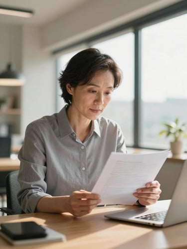 A focused mature professional in a modern home office reading a document, warm natural window light, shallow depth of field, 35mm lens