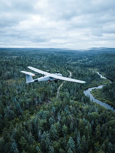 A sleek commercial fixed-wing drone soaring over a vast Canadian pine forest, bright overcast daylight, wide-angle lens, cool blue tones.