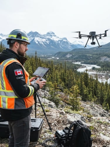 A commercial drone pilot in high-visibility safety gear operating a professional surveying RPAS in a wide, bright Canadian landscape under clear daylight.