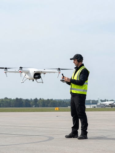 A professional drone pilot in high-visibility safety gear operating a commercial RPAS controller on a bright, overcast Canadian airfield.