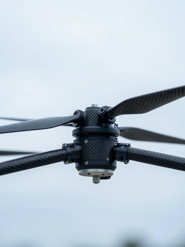 Close-up of professional carbon-fiber drone propeller and motor assembly, clean technical studio lighting, cool blue tones, high-contrast detail
