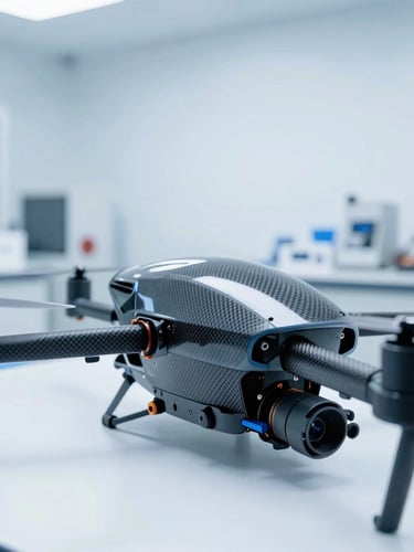 Close-up of high-tech drone components and carbon fiber frame in a clean, brightly lit academic aerospace engineering laboratory.