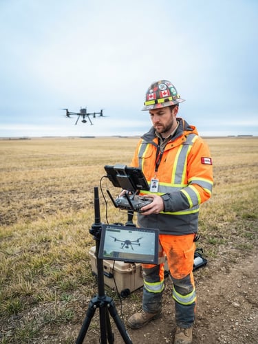 A professional drone pilot in high-vis safety gear holding a high-end commercial RPAS controller on a bright overcast day in a Canadian field, cool blue tones, wide-angle lens