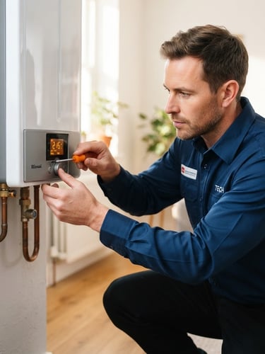 Medium close-up of a professional technician in a clean uniform adjusting a modern wall-mounted digital gas heater, bright natural indoor lighting, warm orange accent highlights.