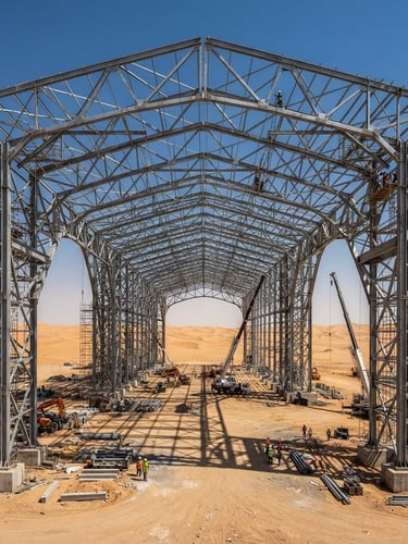 Industrial architectural photography of a massive steel hangar frame under construction in Riyadh, bright harsh desert daylight, high-contrast steel beams against sand dunes in the background, wide-angle lens
