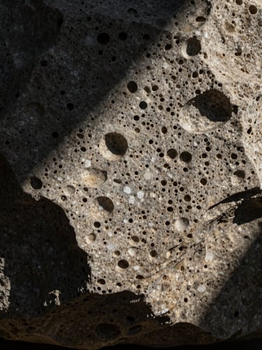 Extreme close-up of porous carved travertine stone texture under a dramatic single-source natural light with deep cinematic shadows.