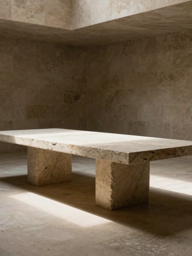 Wide panoramic shot of a monolithic travertine table in an empty, high-ceilinged stone room, single-source natural light cutting through deep shadows.