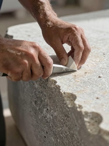 Close-up of hands carving raw travertine stone in a Roman workshop, dusty sunlight highlighting the texture of the marble and the sharp chiselled edges.