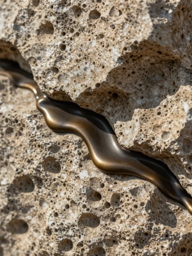 Extreme close-up of porous travertine stone meeting dark, hand-poured bronze, natural side-lighting highlighting the rich material texture and ancient crevices.