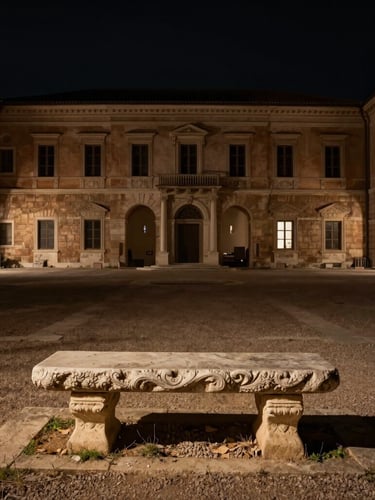Wide environmental shot of a private Roman palazzo courtyard at night, soft warm light illuminating a single sculptural stone bench, absolute black backdrop