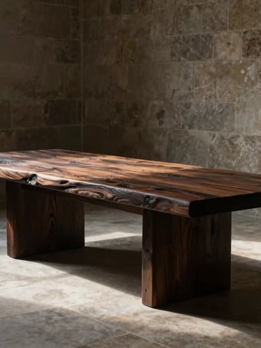Monolithic dark wood table placed in an empty high-ceilinged stone room, single-source natural light cutting through deep shadows.