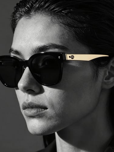 High-contrast black and white portrait of a model in deep shadow, wearing thick-rimmed architectural sunglasses, single warm light highlighting the sharp golden accents on the temple.