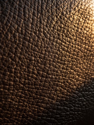 Extreme close-up of hand-stitched heavy dark leather grain, warm cinematic shadow, raking golden light highlighting the porous, rich organic texture.
