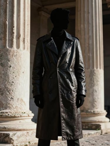 Dramatic silhouette of a model wearing a heavy leather coat against historic Roman stone columns, deep chiaroscuro lighting.