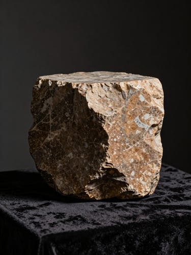 Chiaroscuro studio shot of a monolithic carved travertine fragment resting on a dark velvet surface, single dramatic light source casting long shadows, warm bronze tones.