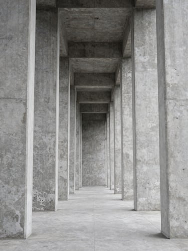 Symmetrical architectural perspective of concrete and steel columns, clean lines, cool overcast daylight, high-trust structural geometry.