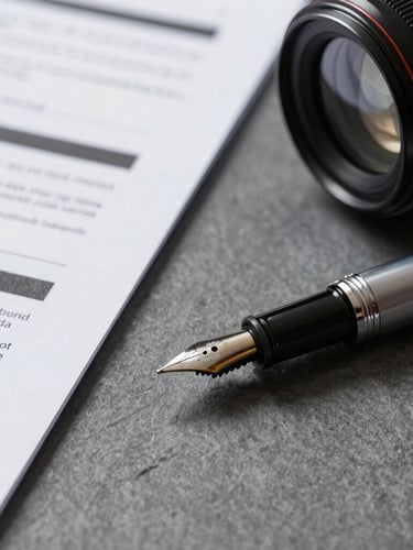 Macro detail shot of high-quality physical financial documents and a heavy fountain pen on a slate gray desk, controlled high-contrast studio lighting.