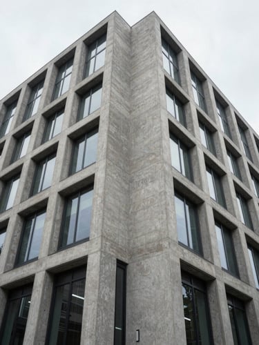 Symmetrical perspective of a modern concrete and steel corporate building facade, clean geometric lines, cool overcast daylight framing