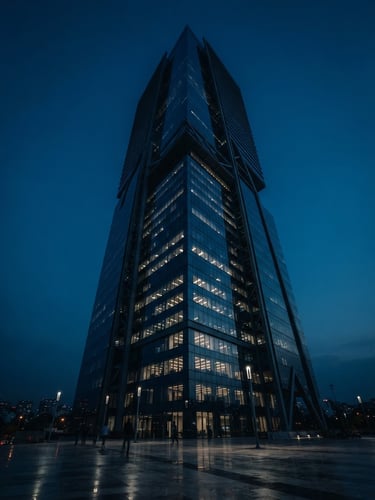Low-angle heroic shot of a modern corporate steel and glass tower in Naucalpan, dark blue hour lighting, sharp architectural shadows, reflecting elite authority, cinematic corporate photography, 35mm lens