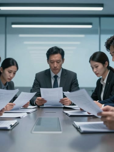 Cinematic close-up of a corporate defense team analyzing documents in a high-ceilinged boardroom, sharp shadows, cool blue hour lighting.