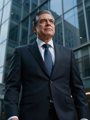 Low-angle heroic portrait of a senior Mexican male attorney in a sharp dark suit, confident posture, modern corporate glass background, cool dramatic lighting.