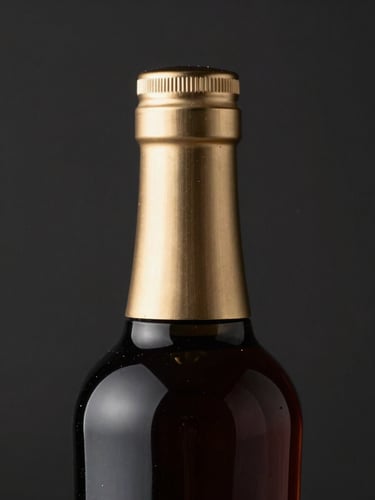 Sleek dark glass product bottle with brushed champagne gold accents, dramatic low-key studio lighting, rich charcoal background, sharp macro focus, 35mm