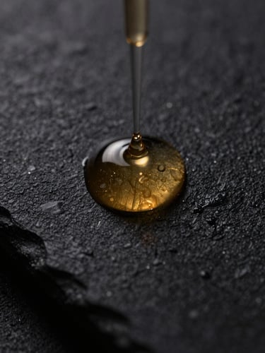 Macro shot of gold serum droplet on dark textured glass, low-key dramatic studio lighting, sharp focus, 35mm