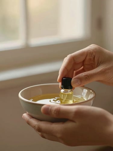 Detail of hands preparing organic massage oils in a small ceramic bowl, soft warm morning window light, shallow depth of field, 35mm