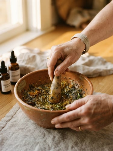 Close-up of hands preparing organic oils in a warm ceramic bowl, soft golden-hour window light, muted terracotta and cream tones, shallow depth of field, 35mm