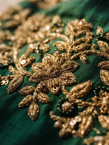 Macro close-up of gold zardozi embroidery threads on deep emerald silk, warm directional window light, shallow depth of field, 35mm