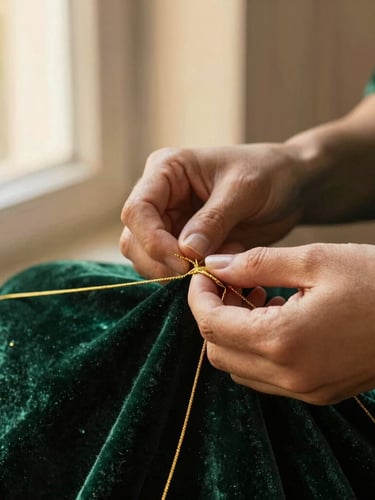 Hands of an artisan weaving intricate gold tilla thread into deep green velvet fabric, soft golden-hour studio lighting, 35mm close-up