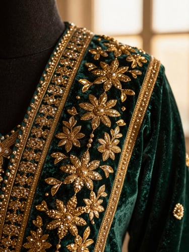 Macro close-up of intricate gold zardozi and tilla embroidery on deep emerald velvet, warm golden-hour side light highlighting the metallic threads