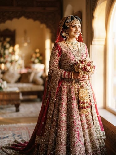 Editorial medium-long shot of a real Pakistani bride in a rich crimson and gold hand-embroidered lehenga, soft golden-hour window light, warm tones, shallow depth of field, 35mm