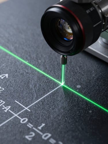 Macro photograph of a clean-room optical table with a green laser beam refracting through a quartz prism, illuminating mathematical formulas on a dark slate background, high contrast, sharp focus.