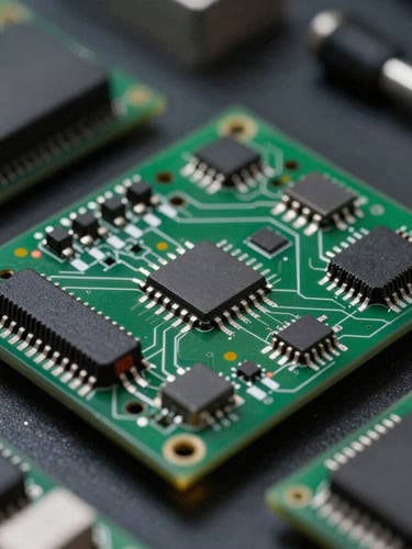Macro photograph of an Altium PCB layout with green trace lines, focusing on a microcontroller and analog front-end components, dark clean-room lighting