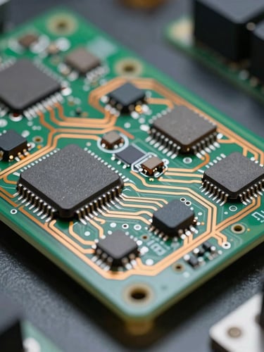Macro photography of a custom biophotonics PCB layout in Altium Designer, showing clean copper traces, surface-mount microcontroller, and miniature optical sensor array under sharp lab lighting.