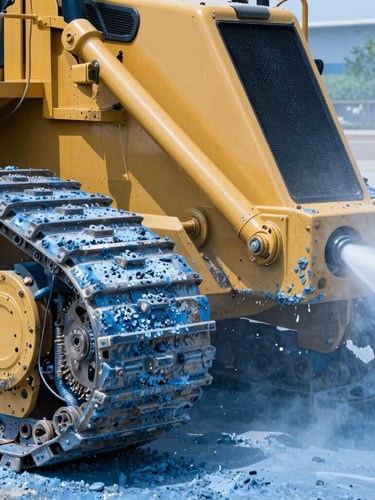 Close-up of a high-pressure water stream stripping heavy grease and dirt from a yellow industrial bulldozer caterpillar track, metallic blue water mist catching the bright daylight