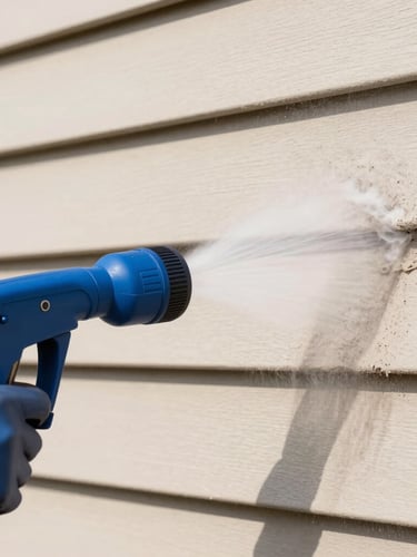 Crisp close-up of a pressure washing nozzle spraying a gentle, wide mist onto dirty beige siding, showing a clean split where the grime is instantly melting away under bright daylight