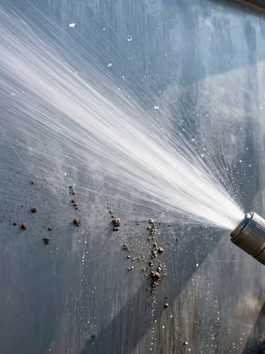 Crisp commercial photography of a high-pressure water stream stripping heavy grime from a metallic industrial surface, bright midday sun, water droplets catching light, 35mm lens.