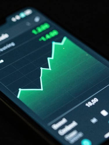 Macro close-up of a physical Android screen displaying a technical performance benchmark graph, dark studio background, vibrant green and teal neon reflections, 35mm
