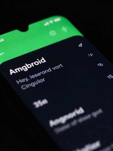 Macro close-up of a physical Android phone screen displaying a dark-mode interface with vibrant green accents, low-key studio lighting with subtle neon reflections, 35mm