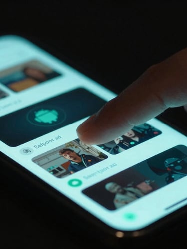 Macro close-up of a hand interacting with a physical Android phone, high-fidelity app interface glowing with electric teal accents, moody low-key studio lighting with neon reflections, 35mm