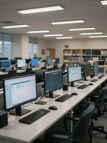 Wide environmental shot of an institutional collections operations floor — rows of workstations with data dashboards on monitors, overhead fluorescent strip lighting casting cool even illumination across the room, no people visible, empty chairs, file storage visible along the far wall