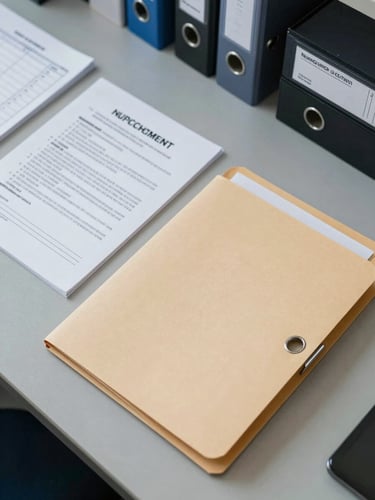 Overhead flat-lay of legal filing folders, stamped enforcement documents, and a case number ledger on a gray institutional desk under cool fluorescent light, no people visible