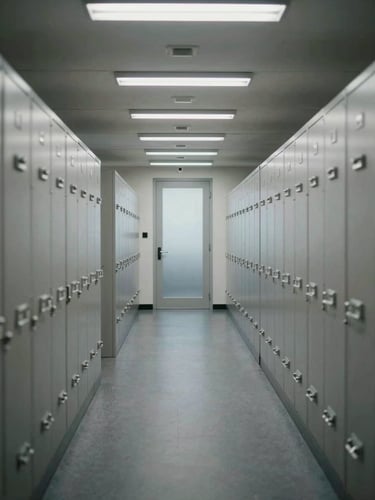 Environmental wide shot of a corporate office corridor shot in cool overhead fluorescent light, rows of filing cabinets lining both walls, a closed door with frosted glass at the far end, no people, institutional gray tones