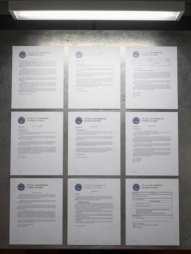 Overhead flat-lay of legal enforcement documents, case files, and stamped letterhead arranged on a steel-gray metal desk under cool fluorescent office lighting, shot directly from above