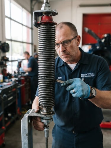 Professional technician in a clean uniform inspecting a heavy-duty steel torsion spring inside a well-lit garage, close-up, sharp focus, natural daylight.