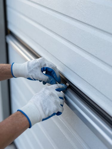 Close-up of a technician's hands, in clean work gloves, inspecting a garage door track, sharp commercial photography, bright natural daylight, clean metallic and blue tones, high contrast, 35mm