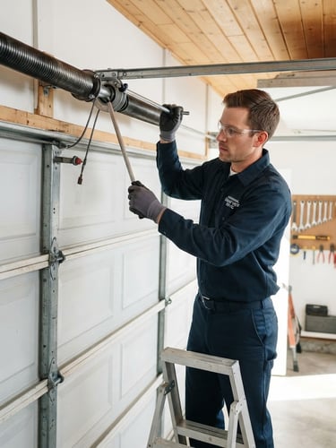 Professional garage door technician in clean uniform, replacing a heavy-duty torsion spring on a residential garage door, bright natural daylight, clean metallic and blue tones, high contrast, 35mm